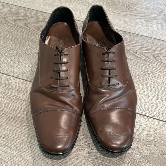 Salvatore Ferragamo Mens Size 13 Brown Oxford Leather Lace Up Dress Shoes